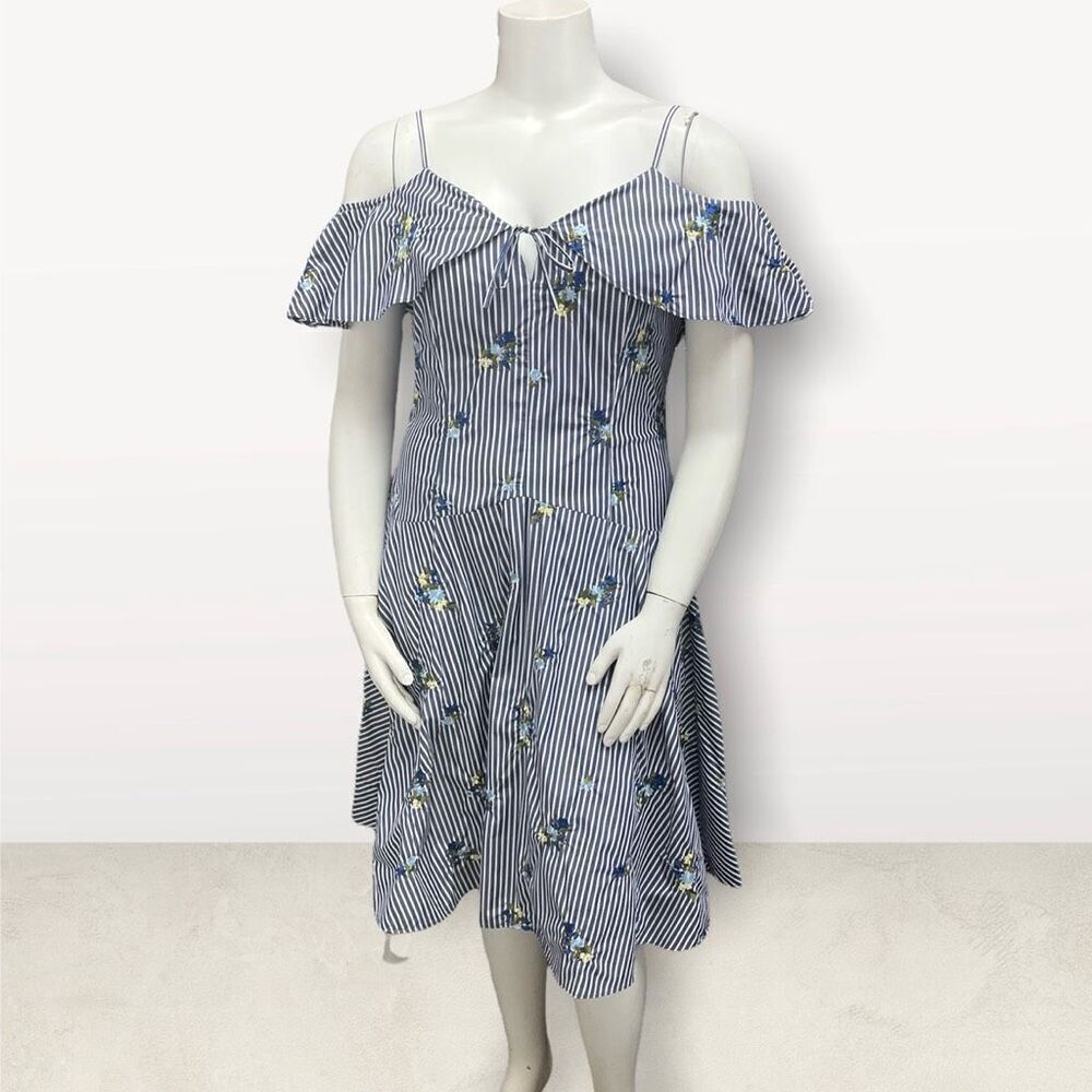 Calvin Klein Blue Gray & White Striped Dress With Floral Embroidery Cottage Core